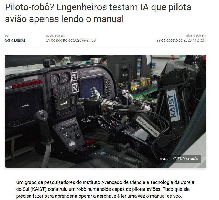 Robô treinado com manual simulando piloto de avião